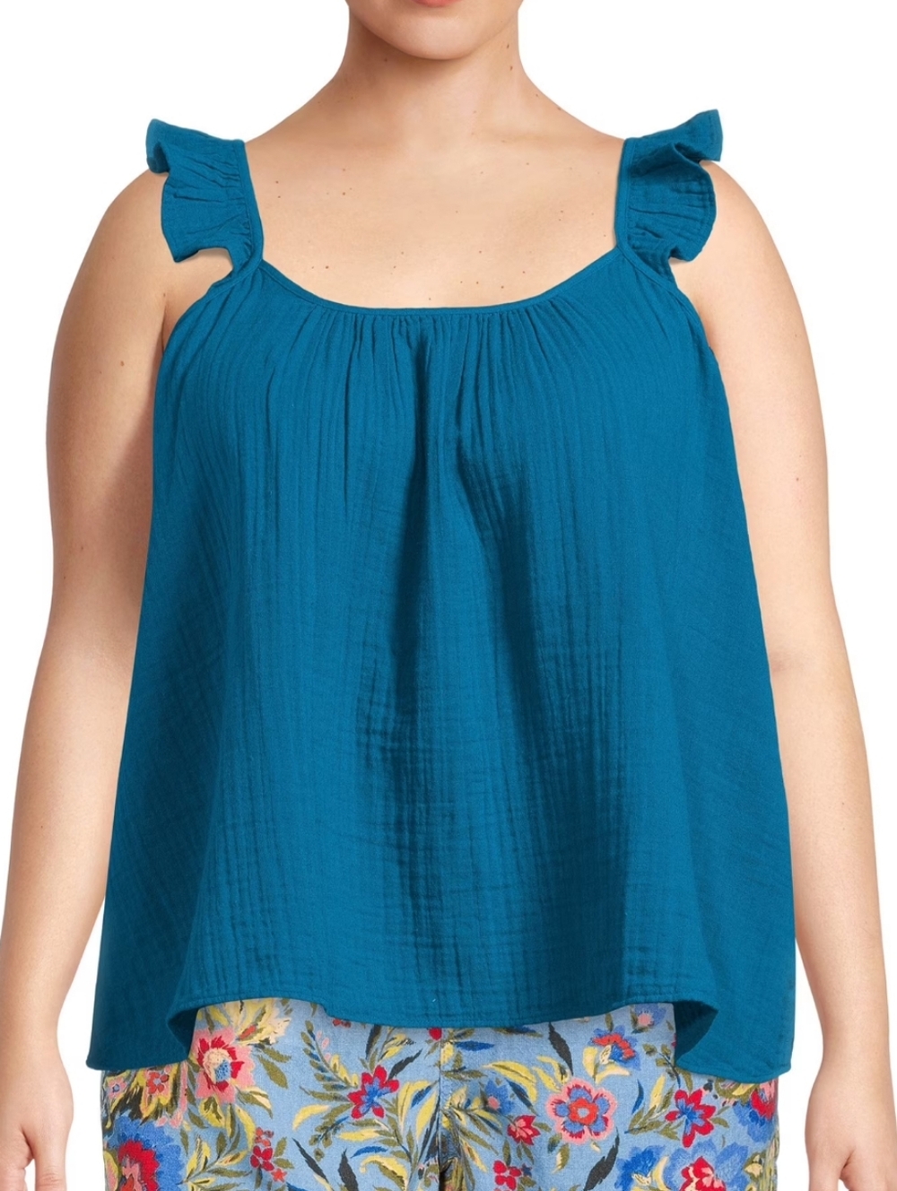 Women's Size 3X 100% Cotton Plus Size Ruffle Strap Gauze Tank Top Lagenlook Teal